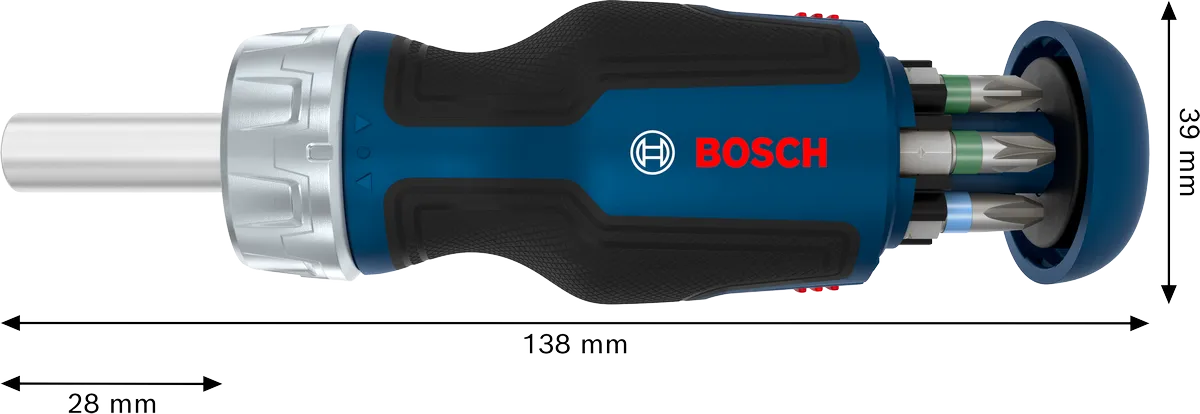 Bosch kısa uçlu cırcırlı tornavida, 6 adet uç ile birlikte.